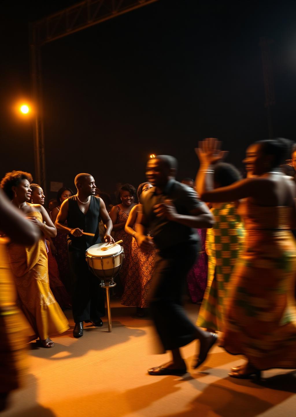 Guests dancing in motion blur under warm stage light