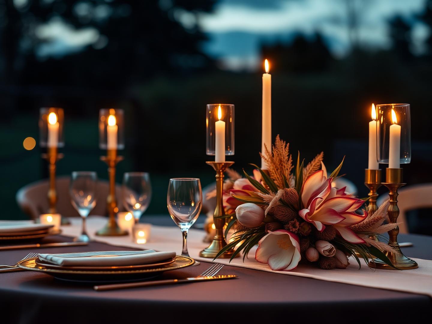 Candlelit table setting at dusk