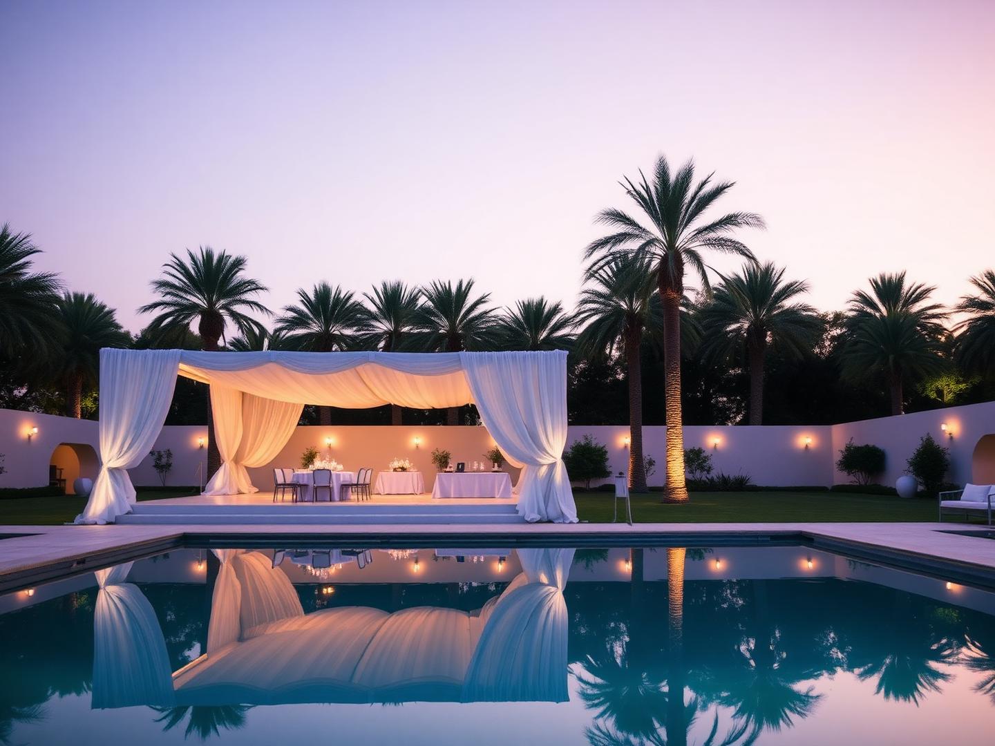 A draped pavilion beside a reflecting pool at twilight